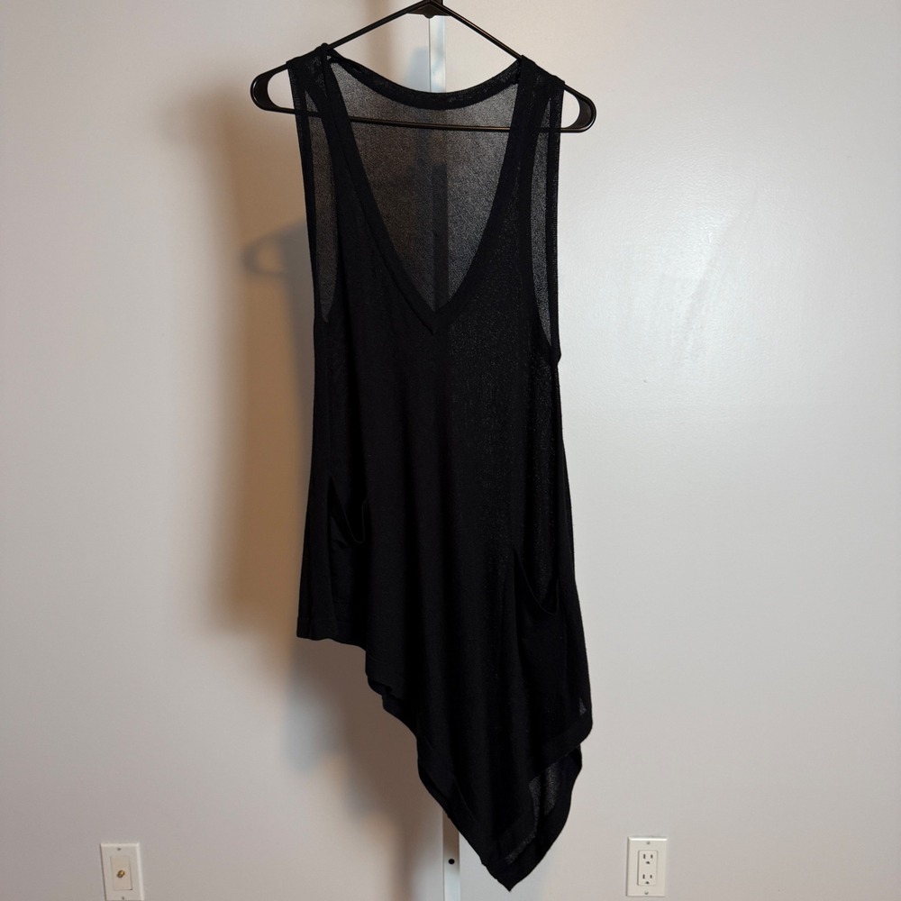 Witchy Lagenlook Sheer Asymmetric Hem Pocket Tunic Tank XS Black